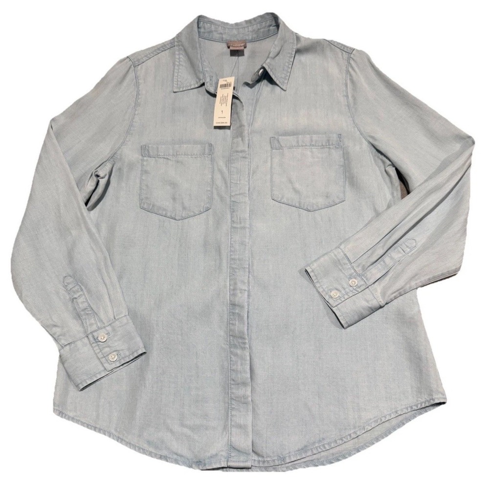Chico's Classic Button Up Chambray Denim Shirt Womens Size 1 Petite Minimalist